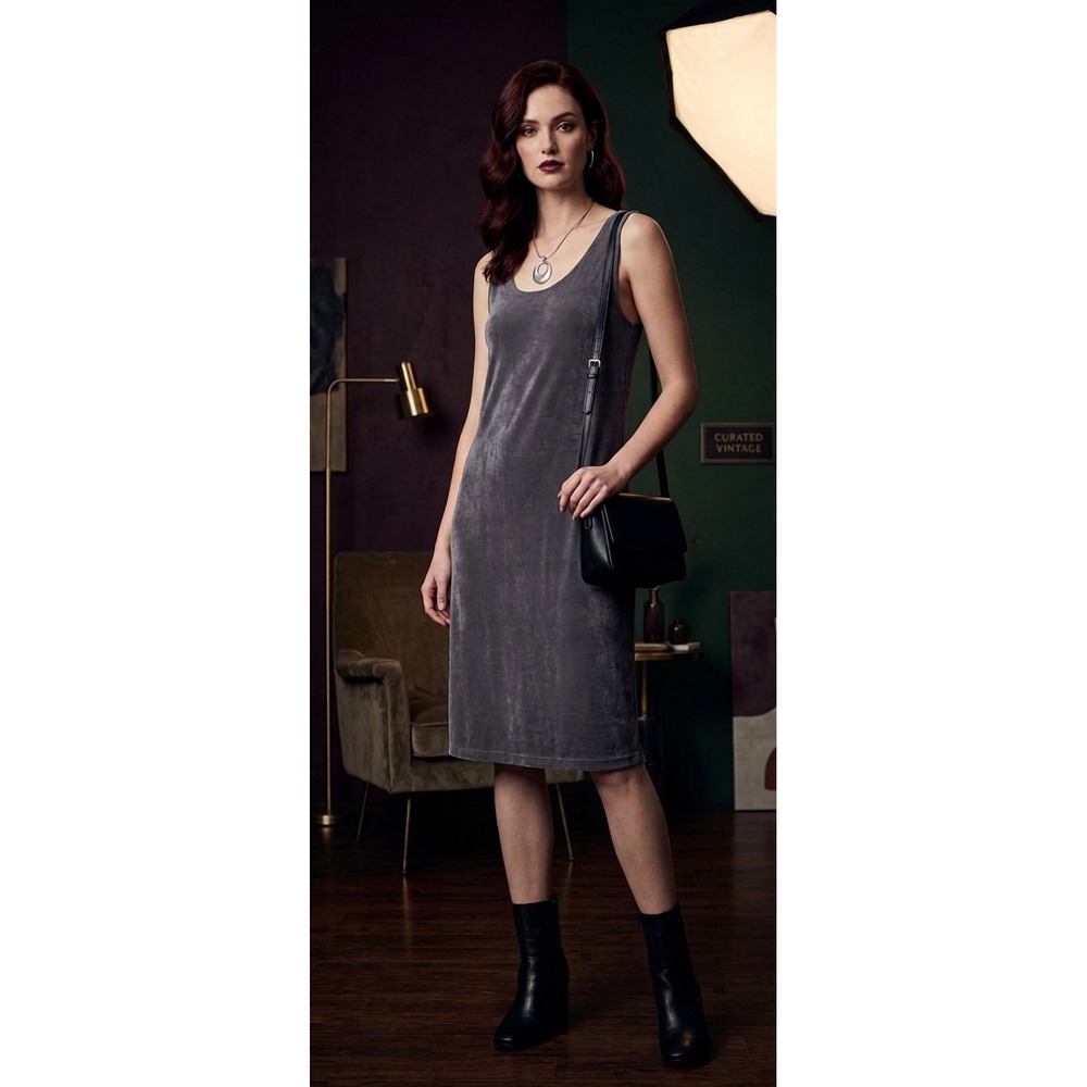 Vintage 90s Y2K Gray Shimmer Ribbed Tank Dress L Whimsigoth Dark Academia Rock